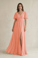 Short Sleeve V - Neck A - Line Chiffon Bridesmaid Dress in Rosette - KissProm Bridesmaid Dresses