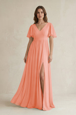 Short Sleeve V - Neck A - Line Chiffon Bridesmaid Dress in Rosette - KissProm Bridesmaid Dresses