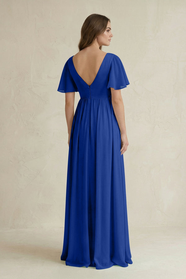 KissProm Short Sleeve V-Neck A-Line Chiffon Bridesmaid Dress in Royal Blue, Royal Blue / Custom Size( Free )