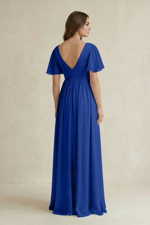 Short Sleeve V - Neck A - Line Chiffon Bridesmaid Dress in Royal Blue - KissProm Bridesmaid Dresses