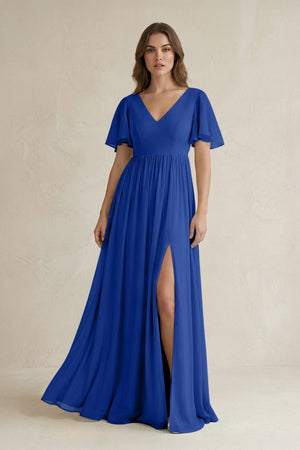 Short Sleeve V - Neck A - Line Chiffon Bridesmaid Dress in Royal Blue - KissProm Bridesmaid Dresses