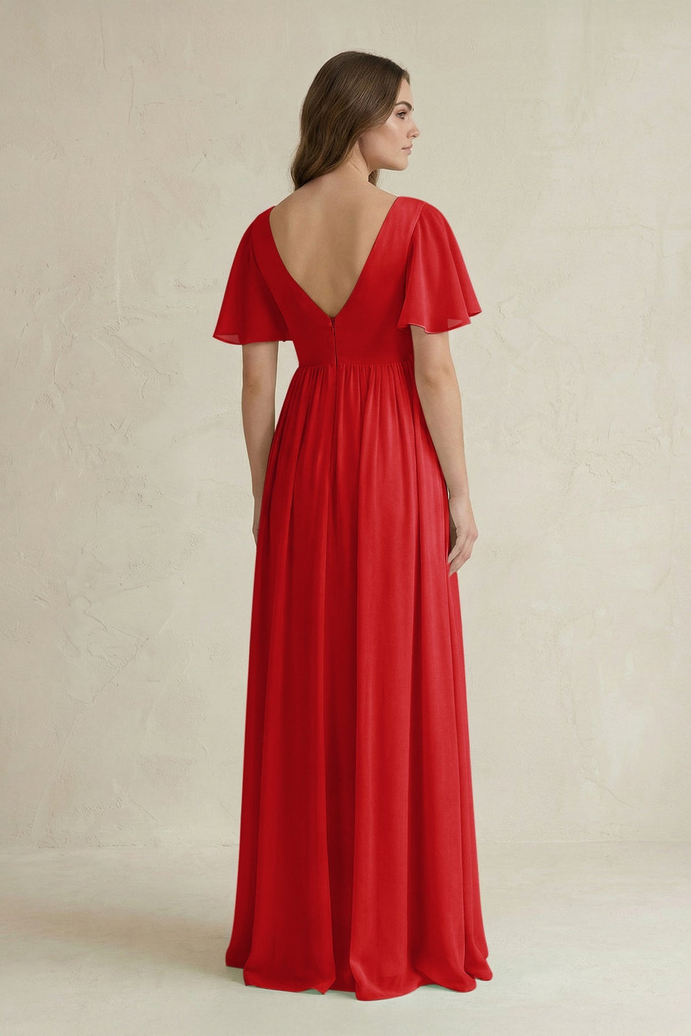Short Sleeve V - Neck A - Line Chiffon Bridesmaid Dress in Ruby Red - KissProm Bridesmaid Dresses