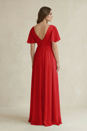 Short Sleeve V - Neck A - Line Chiffon Bridesmaid Dress in Ruby Red - KissProm Bridesmaid Dresses