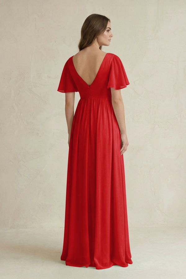 Short Sleeve V - Neck A - Line Chiffon Bridesmaid Dress in Ruby Red - KissProm Bridesmaid Dresses