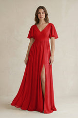 Short Sleeve V - Neck A - Line Chiffon Bridesmaid Dress in Ruby Red - KissProm Bridesmaid Dresses