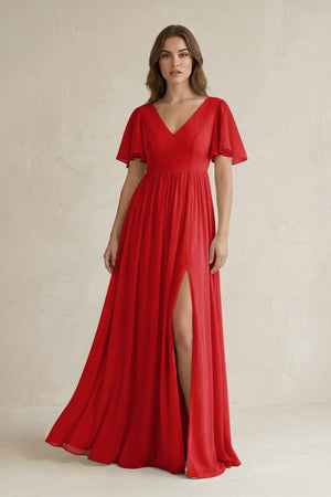 Short Sleeve V - Neck A - Line Chiffon Bridesmaid Dress in Ruby Red - KissProm Bridesmaid Dresses