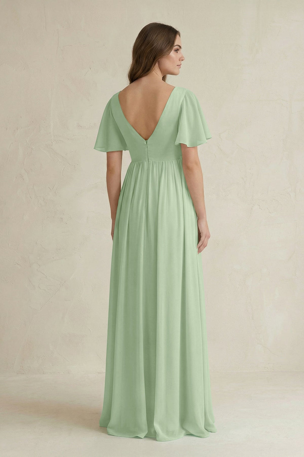 Short Sleeve V - Neck A - Line Chiffon Bridesmaid Dress in Sage - KissProm Bridesmaid Dresses