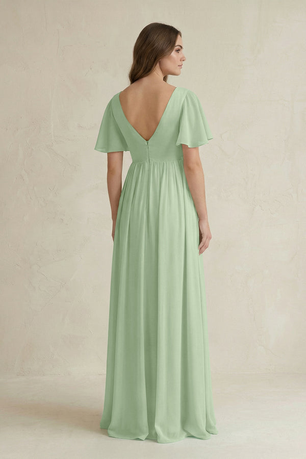 Short Sleeve V - Neck A - Line Chiffon Bridesmaid Dress in Sage - KissProm Bridesmaid Dresses