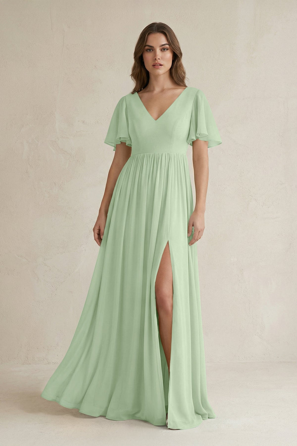 Short Sleeve V - Neck A - Line Chiffon Bridesmaid Dress in Sage - KissProm Bridesmaid Dresses