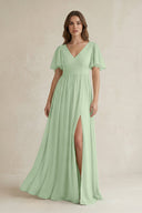 Short Sleeve V - Neck A - Line Chiffon Bridesmaid Dress in Sage - KissProm Bridesmaid Dresses
