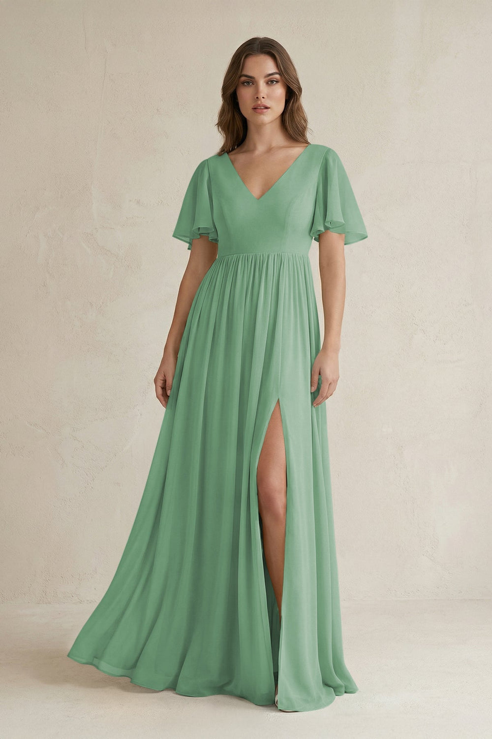 Short Sleeve V - Neck A - Line Chiffon Bridesmaid Dress in Sea Glass - KissProm Bridesmaid Dresses