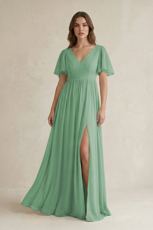 Short Sleeve V - Neck A - Line Chiffon Bridesmaid Dress in Sea Glass - KissProm Bridesmaid Dresses