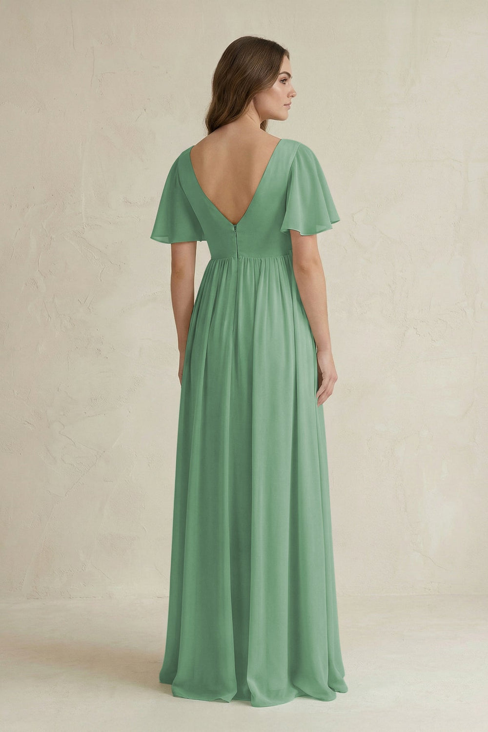 Short Sleeve V - Neck A - Line Chiffon Bridesmaid Dress in Sea Glass - KissProm Bridesmaid Dresses