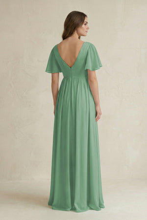 Short Sleeve V - Neck A - Line Chiffon Bridesmaid Dress in Sea Glass - KissProm Bridesmaid Dresses