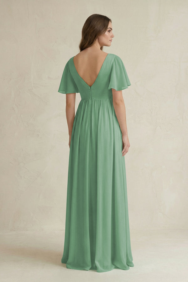 Short Sleeve V - Neck A - Line Chiffon Bridesmaid Dress in Sea Glass - KissProm Bridesmaid Dresses