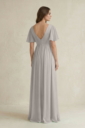 Short Sleeve V - Neck A - Line Chiffon Bridesmaid Dress in Silver - KissProm Bridesmaid Dresses