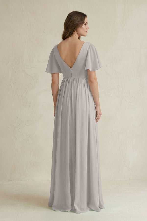 Short Sleeve V - Neck A - Line Chiffon Bridesmaid Dress in Silver - KissProm Bridesmaid Dresses