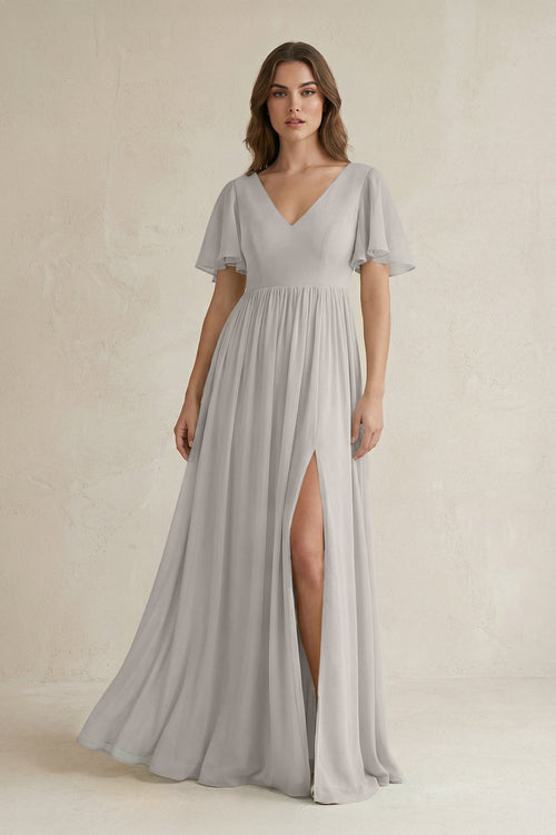 Short Sleeve V - Neck A - Line Chiffon Bridesmaid Dress in Silver - KissProm Bridesmaid Dresses