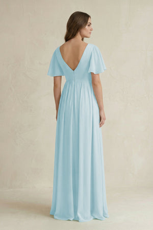 Short Sleeve V - Neck A - Line Chiffon Bridesmaid Dress in Sky Blue - KissProm Bridesmaid Dresses