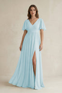 Short Sleeve V - Neck A - Line Chiffon Bridesmaid Dress in Sky Blue - KissProm Bridesmaid Dresses