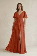 Short Sleeve V - Neck A - Line Chiffon Bridesmaid Dress in Spice - KissProm Bridesmaid Dresses