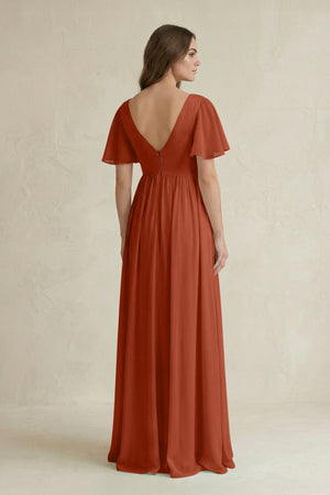 Short Sleeve V - Neck A - Line Chiffon Bridesmaid Dress in Spice - KissProm Bridesmaid Dresses