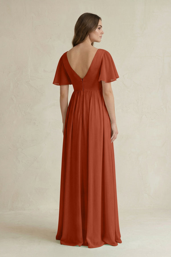 Short Sleeve V - Neck A - Line Chiffon Bridesmaid Dress in Spice - KissProm Bridesmaid Dresses