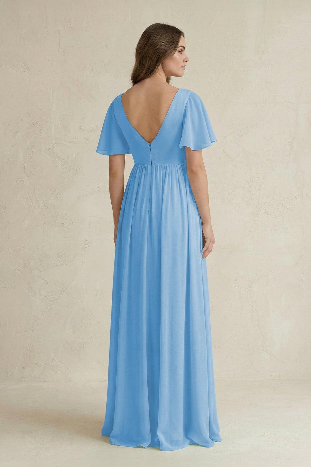 Short Sleeve V - Neck A - Line Chiffon Bridesmaid Dress in Steel Blue - KissProm Bridesmaid Dresses