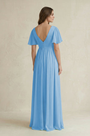 Short Sleeve V - Neck A - Line Chiffon Bridesmaid Dress in Steel Blue - KissProm Bridesmaid Dresses