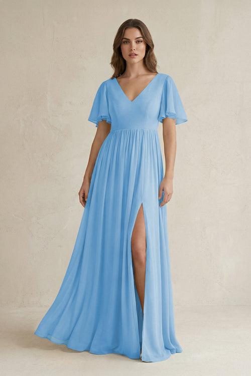 KissProm Short Sleeve V-Neck A-Line Chiffon Bridesmaid Dress in Steel Blue, Steel Blue / 20
