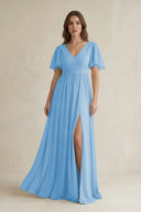 Short Sleeve V - Neck A - Line Chiffon Bridesmaid Dress in Steel Blue - KissProm Bridesmaid Dresses
