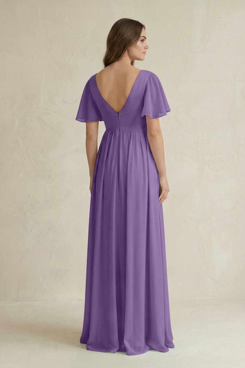Short Sleeve V - Neck A - Line Chiffon Bridesmaid Dress in Tahiti - KissProm Bridesmaid Dresses