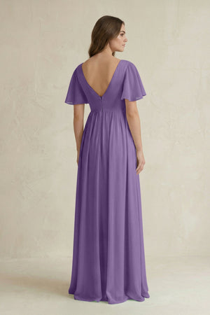 Short Sleeve V - Neck A - Line Chiffon Bridesmaid Dress in Tahiti - KissProm Bridesmaid Dresses