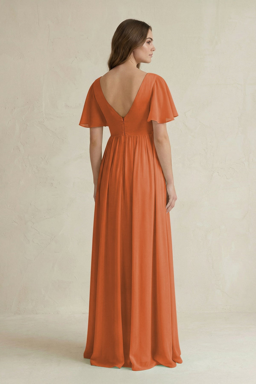 Short Sleeve V - Neck A - Line Chiffon Bridesmaid Dress in Terracotta - KissProm Bridesmaid Dresses