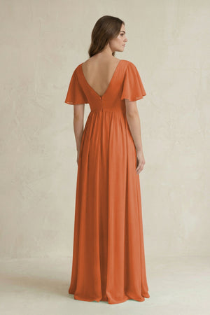 Short Sleeve V - Neck A - Line Chiffon Bridesmaid Dress in Terracotta - KissProm Bridesmaid Dresses