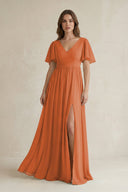 Short Sleeve V - Neck A - Line Chiffon Bridesmaid Dress in Terracotta - KissProm Bridesmaid Dresses