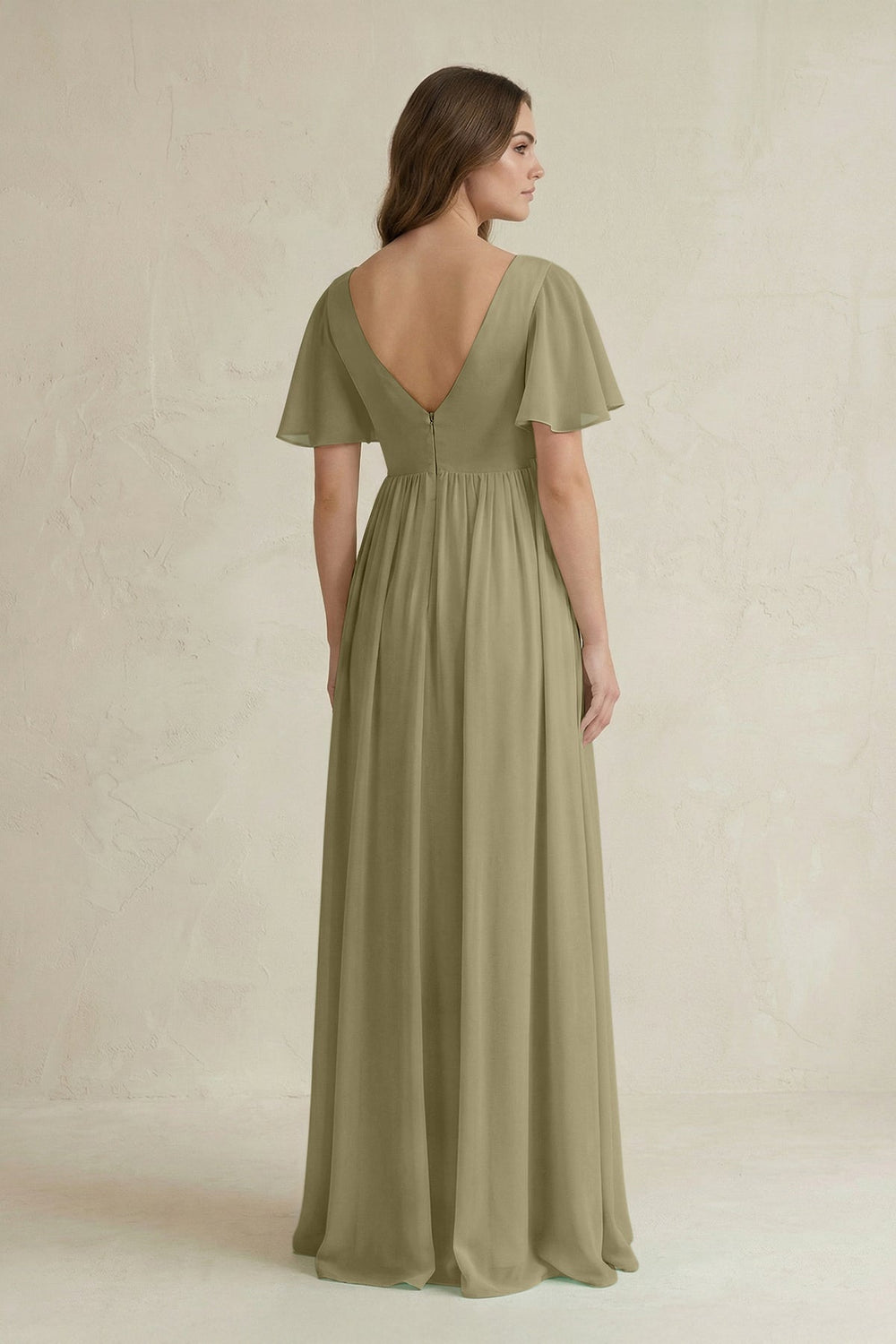 Short Sleeve V - Neck A - Line Chiffon Bridesmaid Dress in Thyme - KissProm Bridesmaid Dresses