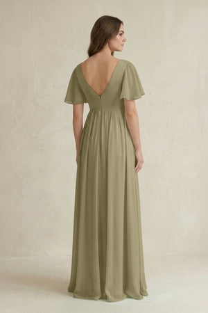 Short Sleeve V - Neck A - Line Chiffon Bridesmaid Dress in Thyme - KissProm Bridesmaid Dresses