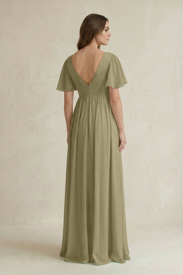 Short Sleeve V - Neck A - Line Chiffon Bridesmaid Dress in Thyme - KissProm Bridesmaid Dresses
