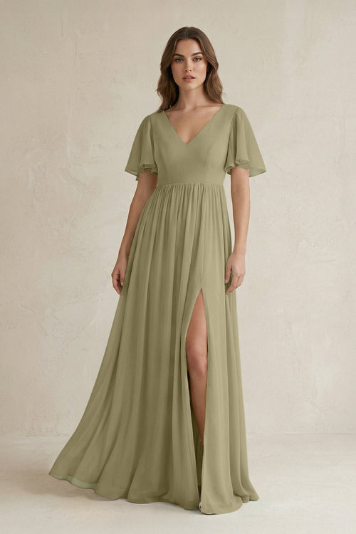 KissProm Short Sleeve V-Neck A-Line Chiffon Bridesmaid Dress in Thyme, Thyme / 8
