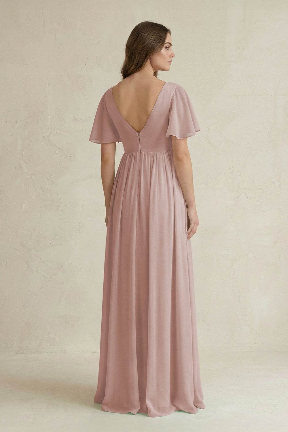 Short Sleeve V - Neck A - Line Chiffon Bridesmaid Dress in Toffee - KissProm Bridesmaid Dresses