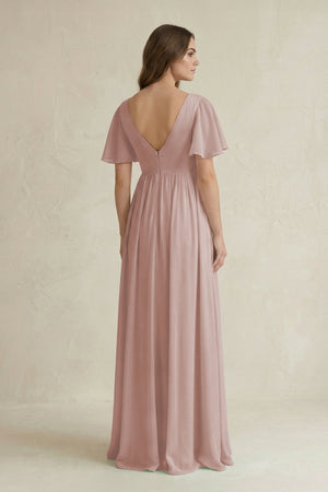 Short Sleeve V - Neck A - Line Chiffon Bridesmaid Dress in Toffee - KissProm Bridesmaid Dresses
