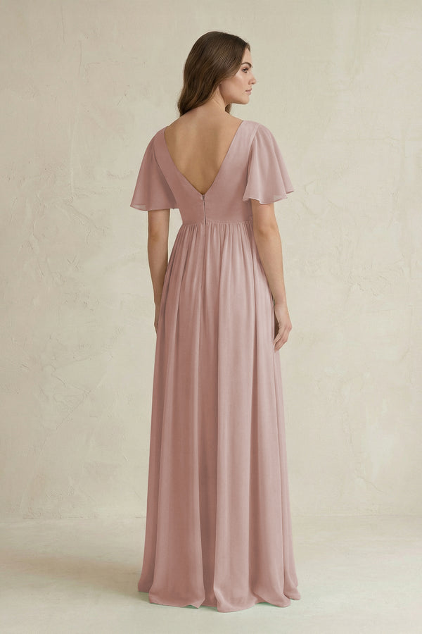 Short Sleeve V - Neck A - Line Chiffon Bridesmaid Dress in Toffee - KissProm Bridesmaid Dresses