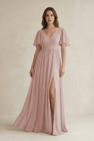 Short Sleeve V - Neck A - Line Chiffon Bridesmaid Dress in Toffee - KissProm Bridesmaid Dresses