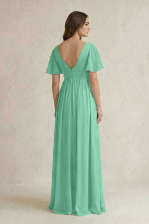 Short Sleeve V - Neck A - Line Chiffon Bridesmaid Dress in Turquoise - KissProm Bridesmaid Dresses