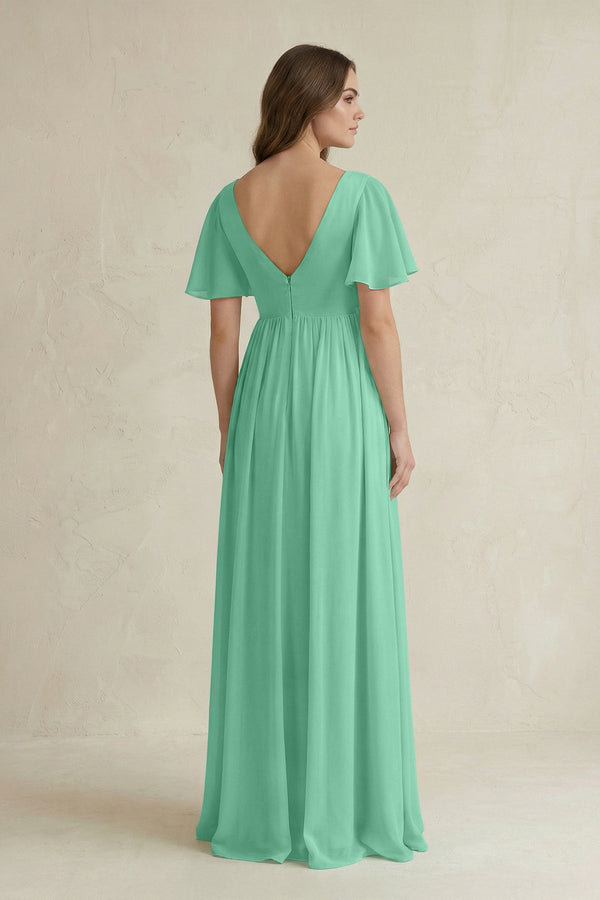 Short Sleeve V - Neck A - Line Chiffon Bridesmaid Dress in Turquoise - KissProm Bridesmaid Dresses