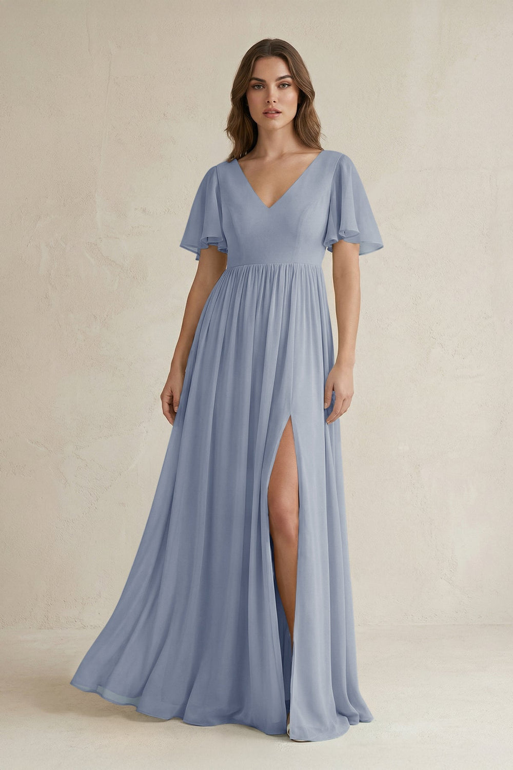 Short Sleeve V - Neck A - Line Chiffon Bridesmaid Dress in Twilight - KissProm Bridesmaid Dresses