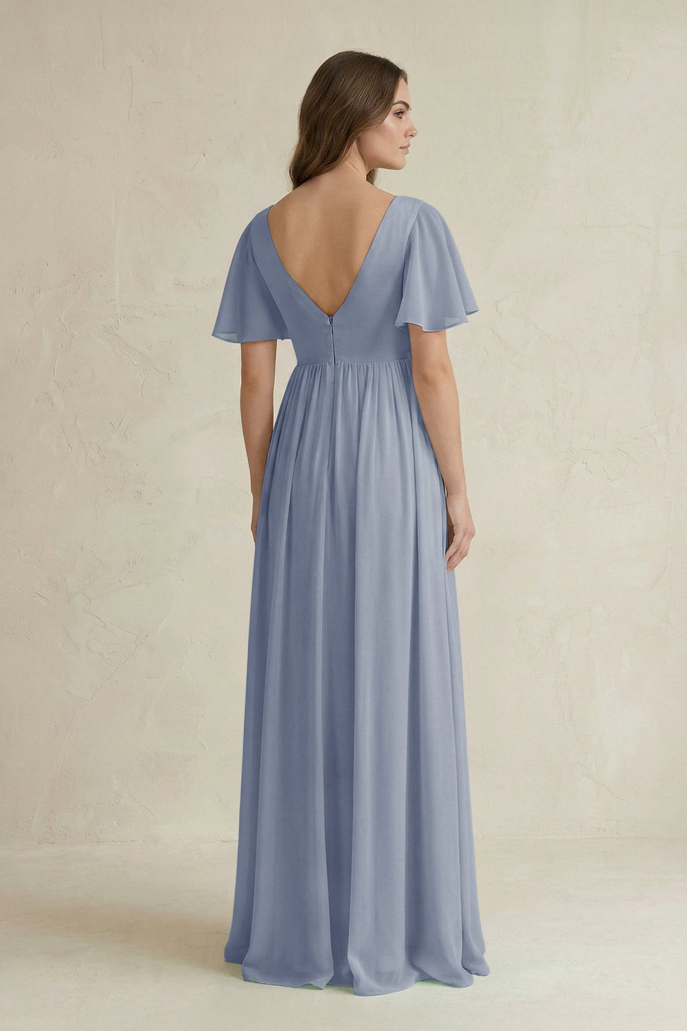 Short Sleeve V - Neck A - Line Chiffon Bridesmaid Dress in Twilight - KissProm Bridesmaid Dresses