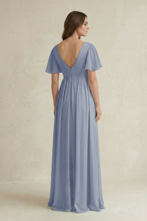 Short Sleeve V - Neck A - Line Chiffon Bridesmaid Dress in Twilight - KissProm Bridesmaid Dresses