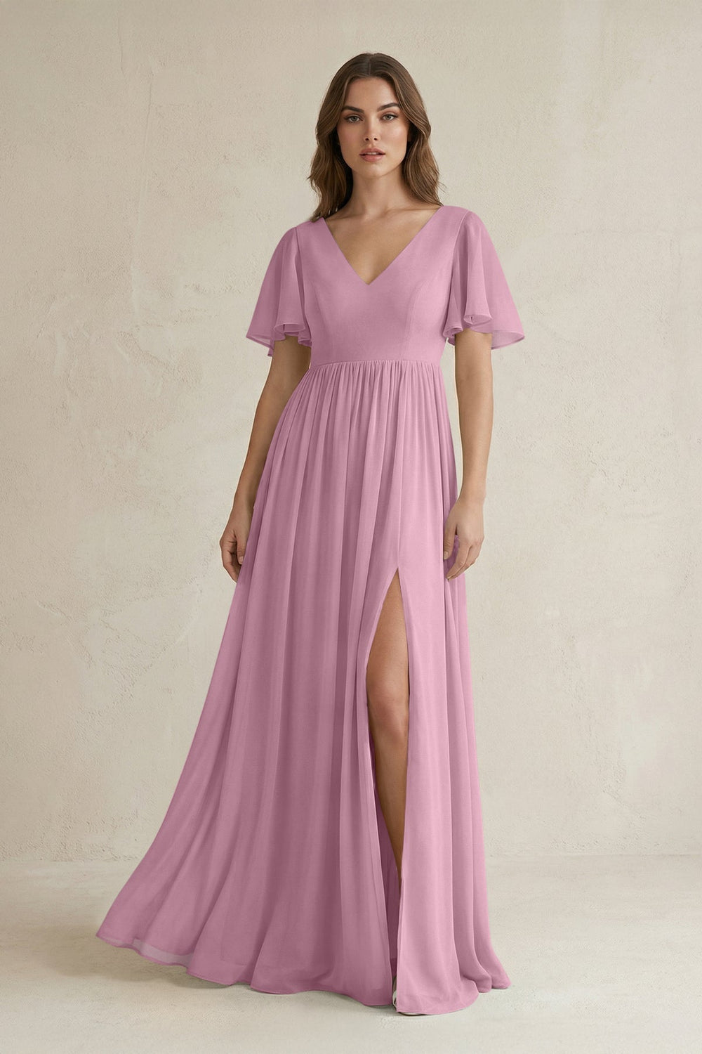 Short Sleeve V - Neck A - Line Chiffon Bridesmaid Dress in Vintage Mauve - KissProm Bridesmaid Dresses